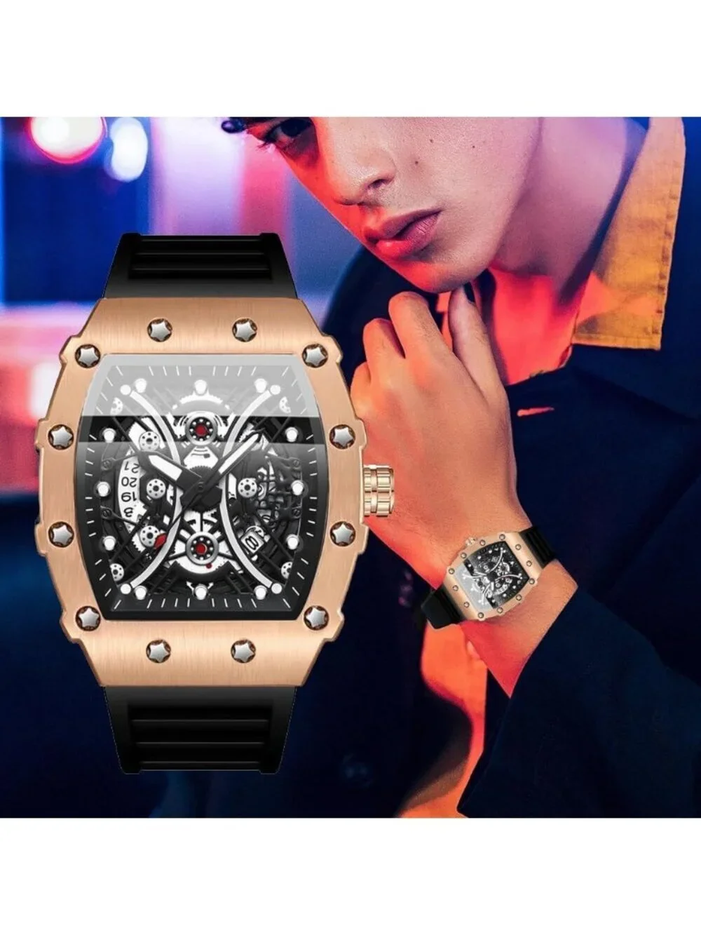 Men's Black Rose Gold Analog Silicone Strap Barrel-Shaped Skeleton Luxury Watch